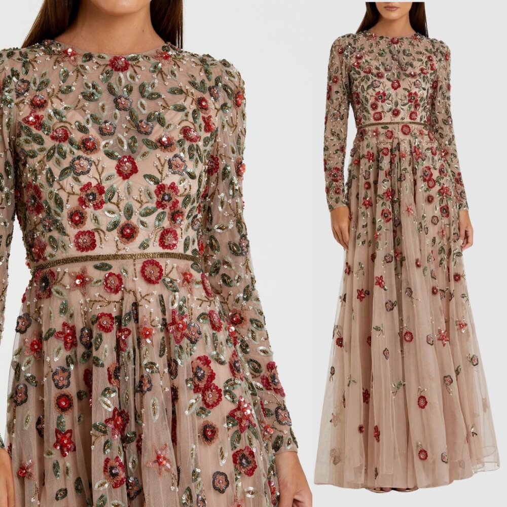 Mac Duggal 5533 Size 8 Beige Red Floral Long Sleeve Beaded Tulle Maxi Dress Gown